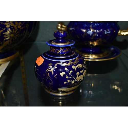 359 - A GROUP OF COBALT BLUE AND GILT MASONS IRONSTONE WARES, comprising a baluster vase with twin rope st... 