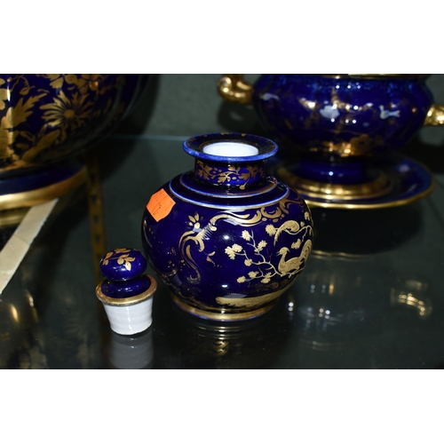 359 - A GROUP OF COBALT BLUE AND GILT MASONS IRONSTONE WARES, comprising a baluster vase with twin rope st... 