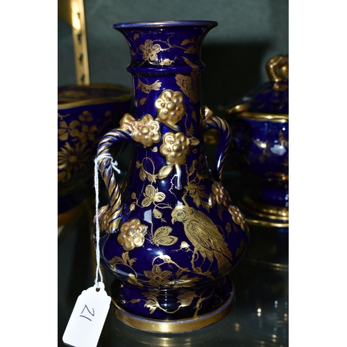 359 - A GROUP OF COBALT BLUE AND GILT MASONS IRONSTONE WARES, comprising a baluster vase with twin rope st... 