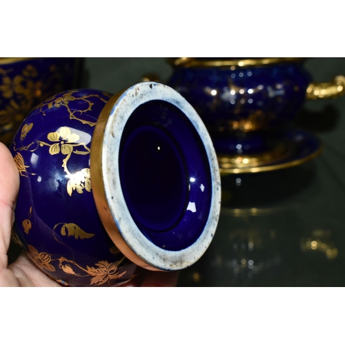 359 - A GROUP OF COBALT BLUE AND GILT MASONS IRONSTONE WARES, comprising a baluster vase with twin rope st... 