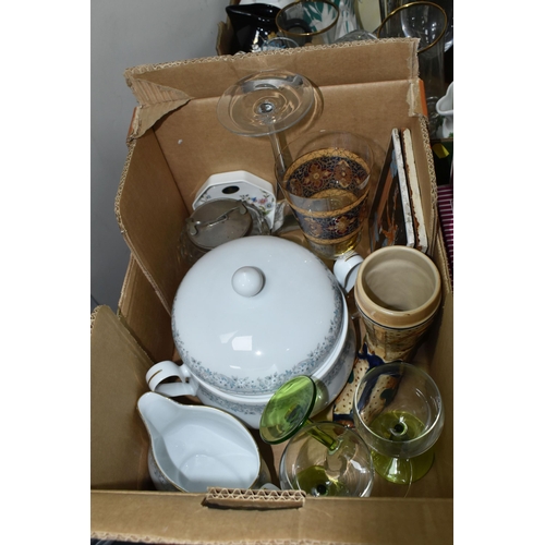 364 - TWO BOXES AND LOOSE CERAMICS AND GLASS WARES, to include two boxed sets of Royal Albert crystal glas... 