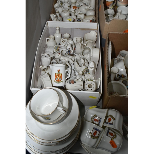 365 - FIVE BOXES AND LOOSE CRESTED WARES, to include three Noritake crested ware vases with painted scenes... 