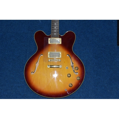 366 - A GOULD ELECTRIC GUITAR, an ES335 copy, with sunburst finish, edge and binding, gold plated hardware... 