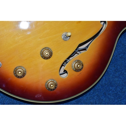 366 - A GOULD ELECTRIC GUITAR, an ES335 copy, with sunburst finish, edge and binding, gold plated hardware... 