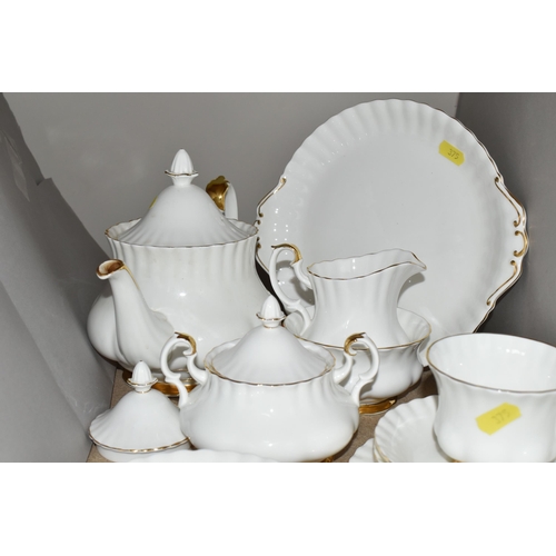 375 - A ROYAL ALBERT 'VAL D'OR' DESIGN TEA SET, comprising cake plate, teapot (marked as second quality, s... 