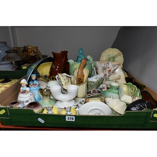 378 - THREE BOXES OF MID-CENTURY CERAMICS, to include a Szeiler money box in the form of a carriage, a Mr.... 