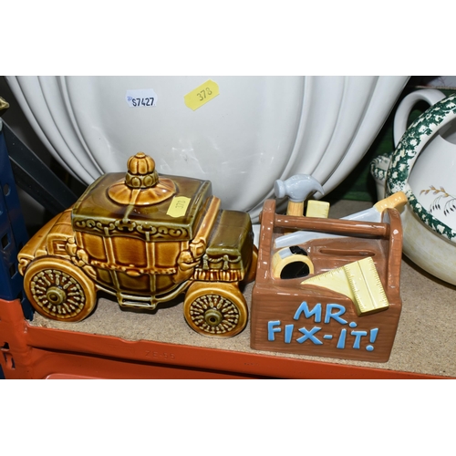 378 - THREE BOXES OF MID-CENTURY CERAMICS, to include a Szeiler money box in the form of a carriage, a Mr.... 