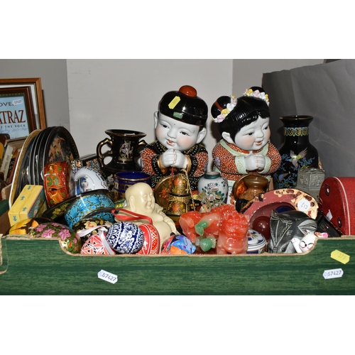 379 - THREE BOXES OF CERAMICS, METALWARE AND ORNAMENTS, to include a collection of Venetian style wall mas... 