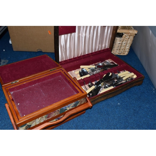 381 - TWO BOXES OF MISCELLANEOUS SUNDRIES, to include a large quantity of Arthur Price stainless steel cut... 