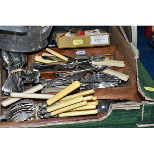 382 - TWO BOXES OF METALWARE, to include an arts and crafts style Craftsman pewter vase, four pewter tanka... 