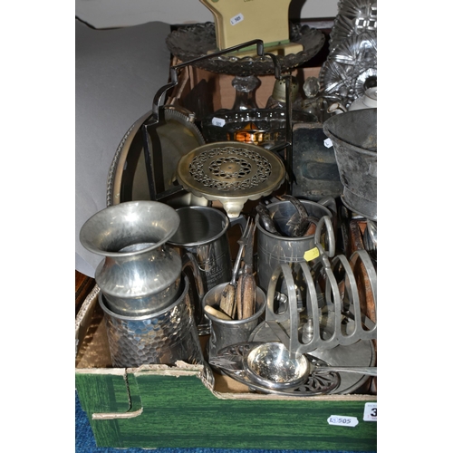 382 - TWO BOXES OF METALWARE, to include an arts and crafts style Craftsman pewter vase, four pewter tanka... 