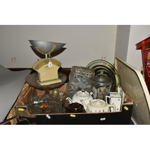 382 - TWO BOXES OF METALWARE, to include an arts and crafts style Craftsman pewter vase, four pewter tanka... 