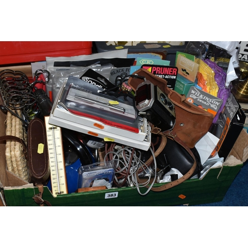 383 - FOUR BOXES OF MISCELLANEOUS SUNDRIES, many items new and unused in original packaging, a model saili... 