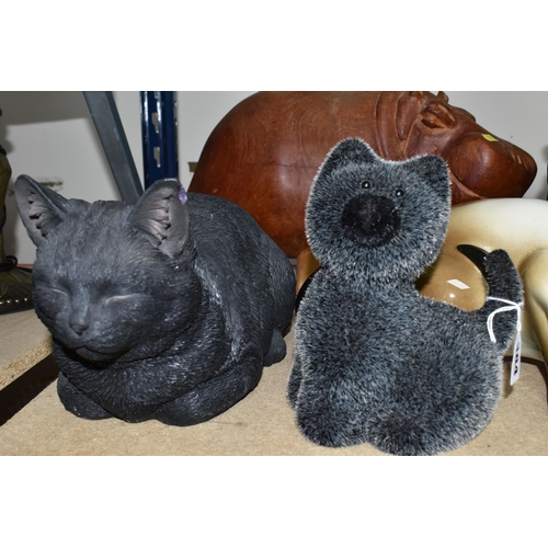 384 - THREE LARGE CAT FIGURINES, comprising a ceramic Siamese cat, a black cat and long haired white cat, ... 