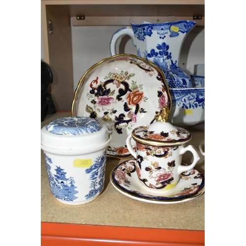 385 - A GROUP OF MASON'S IRONSTONE, comprising 'Chartreuse' pattern covered sauce tureen with ladle, twin ... 