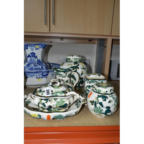 385 - A GROUP OF MASON'S IRONSTONE, comprising 'Chartreuse' pattern covered sauce tureen with ladle, twin ... 