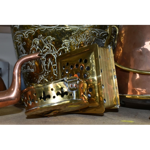 387 - A GROUP OF METALWARE, comprising a copper and brass lidded coal scuttle, a copper  bed warmer with a... 