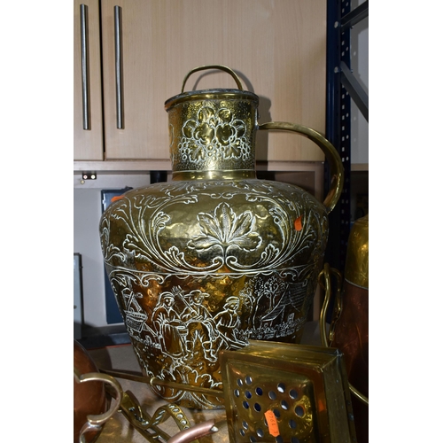 387 - A GROUP OF METALWARE, comprising a copper and brass lidded coal scuttle, a copper  bed warmer with a... 