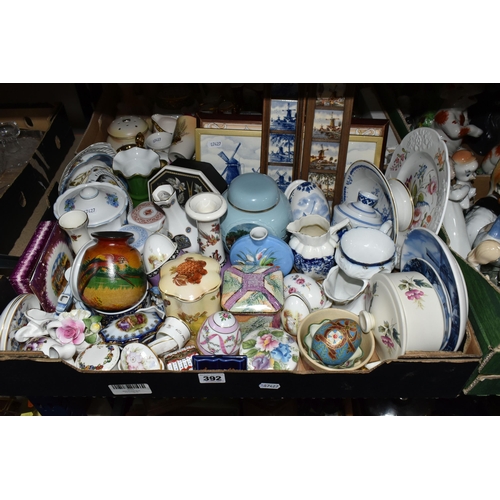 392 - FOUR BOXES OF CERAMICS AND ORNAMENTS, to include a quantity of bird and animal figurines, a Stafford... 