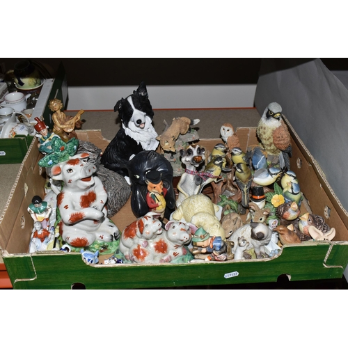 392 - FOUR BOXES OF CERAMICS AND ORNAMENTS, to include a quantity of bird and animal figurines, a Stafford... 