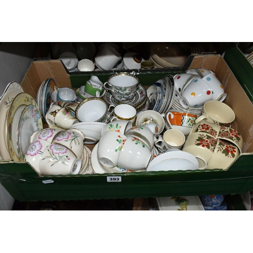 393 - FOUR BOXES OF TEAWARE, to include a set of six cups, six saucers and six tea plates in the Indian Tr... 