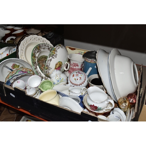 393 - FOUR BOXES OF TEAWARE, to include a set of six cups, six saucers and six tea plates in the Indian Tr... 