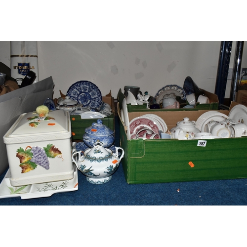 397 - THREE BOXES OF TEAWARE AND CERAMICS, to include a red and white Adams ironstone tea set, a Runtons P... 