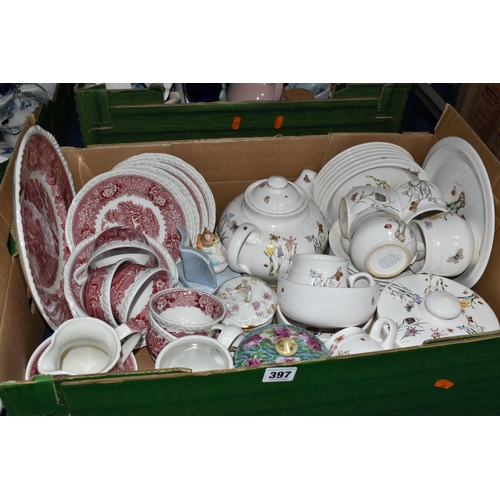 397 - THREE BOXES OF TEAWARE AND CERAMICS, to include a red and white Adams ironstone tea set, a Runtons P... 