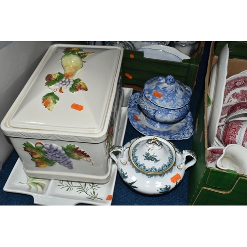 397 - THREE BOXES OF TEAWARE AND CERAMICS, to include a red and white Adams ironstone tea set, a Runtons P... 