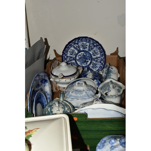 397 - THREE BOXES OF TEAWARE AND CERAMICS, to include a red and white Adams ironstone tea set, a Runtons P... 