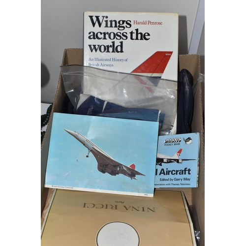 400 - A BOX OF AIRLINE RELATED ITEMS, to include three vintage BOAC stewardess hats, a Jacqmar BOAC scarf,... 