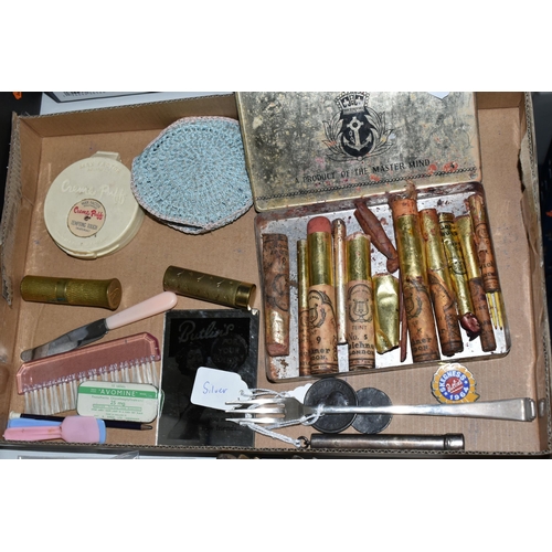 403 - A BOX OF VINTAGE COSMETICS, SILVER AND SUNDRY ITEMS, to include a Senior Service cigarette tin conta... 