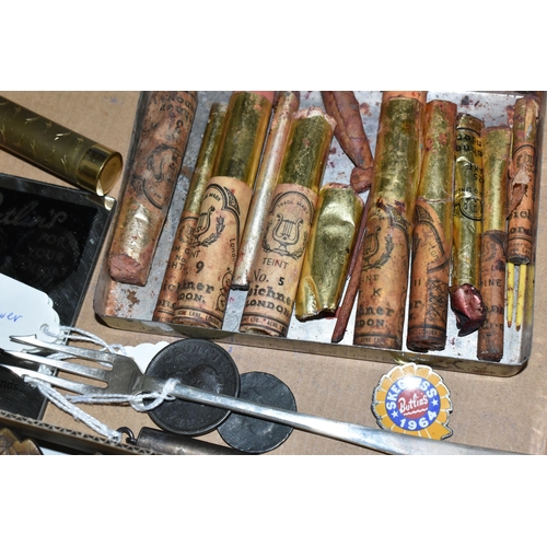 403 - A BOX OF VINTAGE COSMETICS, SILVER AND SUNDRY ITEMS, to include a Senior Service cigarette tin conta... 