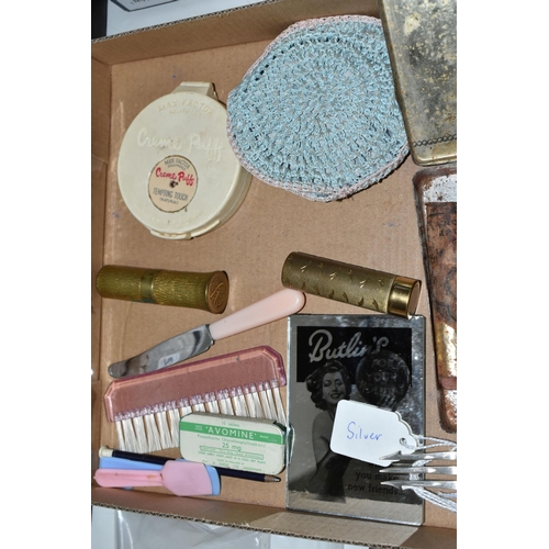 403 - A BOX OF VINTAGE COSMETICS, SILVER AND SUNDRY ITEMS, to include a Senior Service cigarette tin conta... 