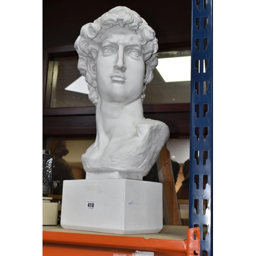 410 - A MODERN RESIN MALE BUST, of classical style, 'House Parts Inc' sticker to base, height approximatel... 