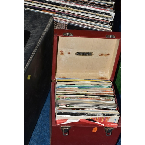 414 - A BOX AND TWO CASES OF RECORDS, LPs, twelve inch and seven inch singles, artists to include Led Zepp... 