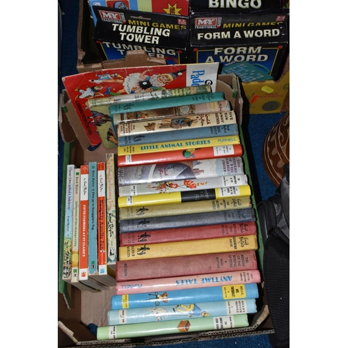 426 - TWO BOXES AND LOOSE BOOKS, GAMES, CAMERA AND SUNDRIES, to include twenty five Enid Blyton books, a c... 