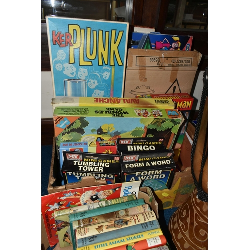 426 - TWO BOXES AND LOOSE BOOKS, GAMES, CAMERA AND SUNDRIES, to include twenty five Enid Blyton books, a c... 