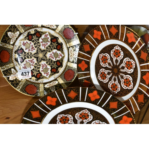 437 - THREE IMARI STYLE TEA PLATES, comprising an Abbeydale Chrysanthemum plate, and two Burtondale plates... 