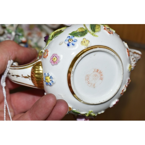 441 - TWO PIECES OF 19TH CENTURY FLORAL ENCRUSTED DERBY PORCELAIN, comprising a Bloor Derby Roman oil lamp... 