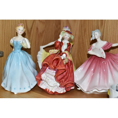 443 - FIVE ROYAL DOULTON FIGURINES, comprising Enchantment HN2178, Leading Lady HN2269 (hairline from ches... 