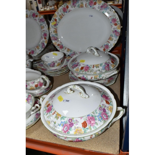 454 - A SHELLY 2321 FLORAL PATTERN DINNER SET, comprising two covered tureens, gravy jug and stand, large ... 