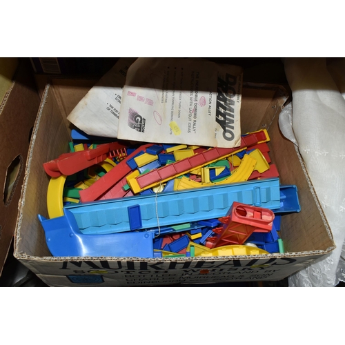 456 - THREE BOXES OF VINTAGE TOYS AND CLOTHING, to include a box of 'Action GT' Domino Rally, with instruc... 