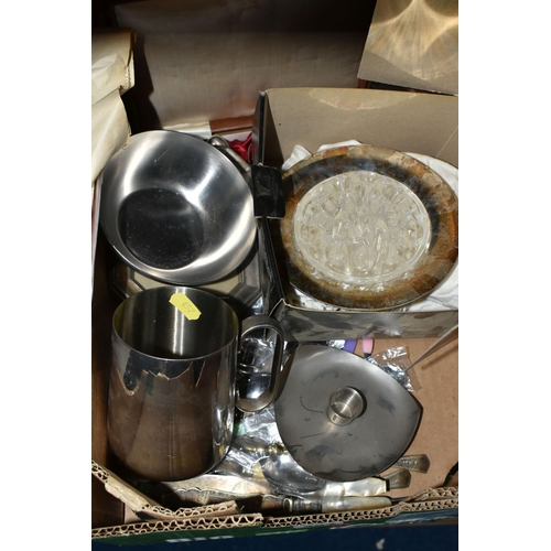 457 - ONE BOX OF METALWARE, WRITING BOX AND CANTEEN OF CUTLERY, to include a boxed Arthur Price rose bowl,... 