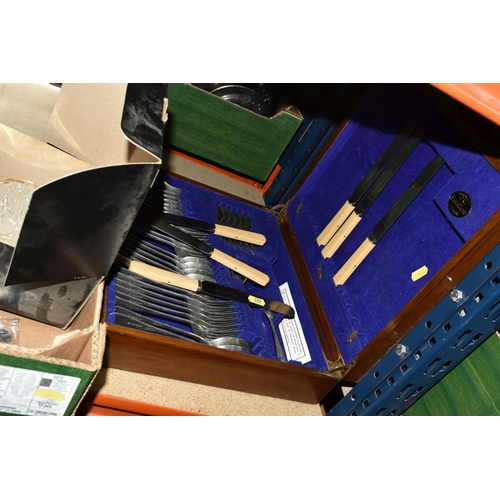 457 - ONE BOX OF METALWARE, WRITING BOX AND CANTEEN OF CUTLERY, to include a boxed Arthur Price rose bowl,... 