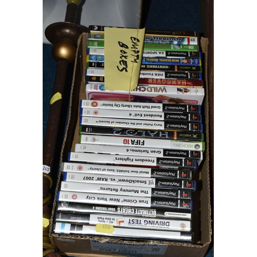 458 - TWO BOXES AND LOOSE COMPUTER GAMES, LAMPS, CASSETTE TAPES AND SUNDRY ITEMS, to include nine PS2 game... 