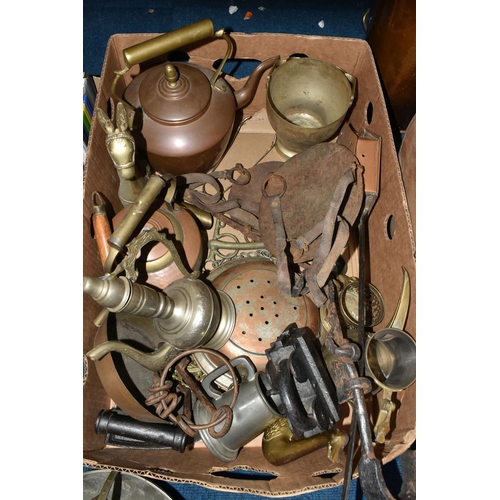 459 - ONE BOX OF METALWARE, to include a tall copper coal scuttle, a circular arts and crafts design pewte... 