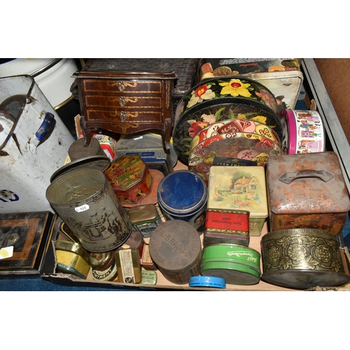 460 - ONE BOX AND LOOSE VINTAGE ADVERTISING TINS, to include a McVitie & Price hinged biscuit tin in the f... 