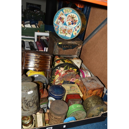 460 - ONE BOX AND LOOSE VINTAGE ADVERTISING TINS, to include a McVitie & Price hinged biscuit tin in the f... 