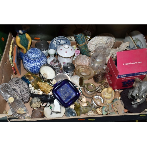 465 - THREE BOXES OF GLASSWARE, CERAMICS AND ORNAMENTS, to include eight vintage green glass bottles, comp... 